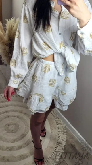 Komplet damski muślinowy biały złoty liść (3)