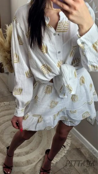 Komplet damski muślinowy biały złoty liść (4)