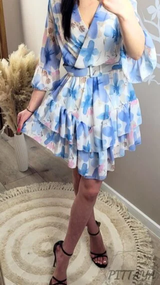 Sukienka damska z paskiem niebieskie kwiaty (1)